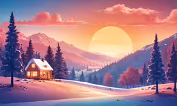 a cabin in a snow covered forest during a sun down,a painting of a cottage on a snowy mountain by the sun