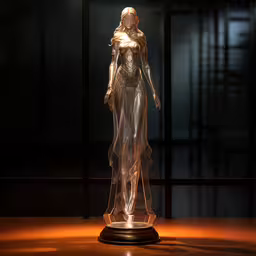 a statue made from shiny materials is on display,a mannequin is standing in the dark