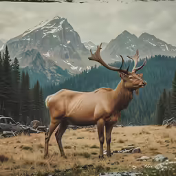 a deer stands in a field with some mountains behind it