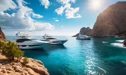 several super yachts lined up in a small harbor