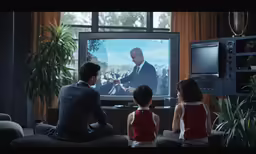 a family is sitting in the living room watching tv together