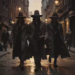 a couple of men walk down a wet street