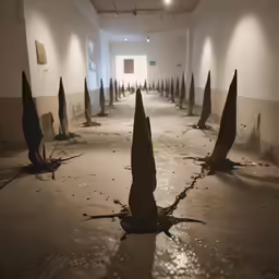 a room filled with a bunch of umbrellas that are stuck in the ground
