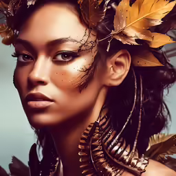 a beautiful young lady in gold has leaves on her head