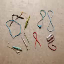 five pairs of surgical instruments that are laying on the floor