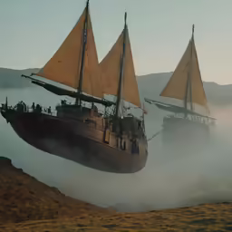a couple of boats floating next to each other on top of a lake