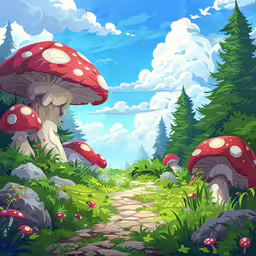 a forest has many mushrooms on it,digital painting with red mushrooms and green plants
