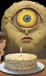 a child looks at a cake with an evil eye