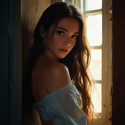 a beautiful woman standing next to a window with long hair