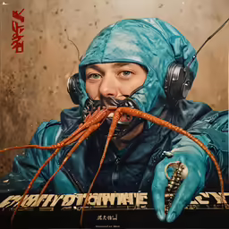 a man wearing headphones with a blue mask on