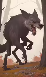 a wolf with its mouth open and two heads extended, in front of a tree
