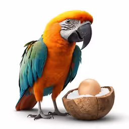 an orange and blue bird with an egg