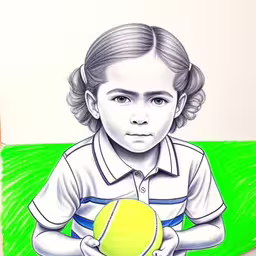 there is a drawing of a boy in a shirt holding a tennis ball