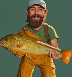 a man is holding up a fish on a green background,a man holding a large fish over his shoulder