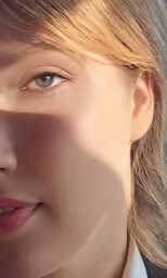 an woman with blonde hair and green eyes looks off to the side