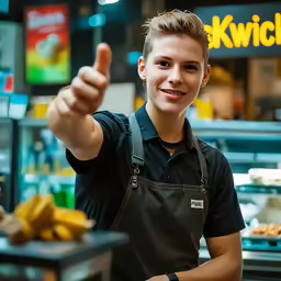 a smiling boy giving a thumbs up in a cafeteria