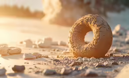 a donut sits in the sand next to some rocks