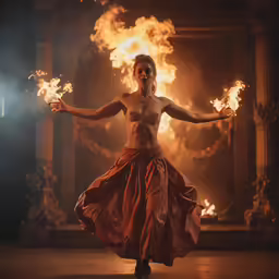 a man in a red dress holding firecrackers