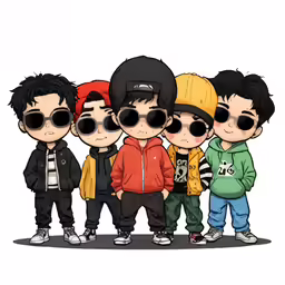 several boys in their clothes are standing together