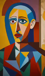 a painting of a woman with a blue head,an image of a woman in a colorful portrait