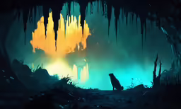 an alien cave with a black cat at the entrance