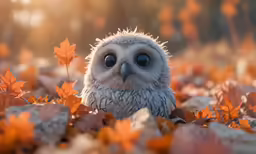 a baby owl sitting among the autumn leaves