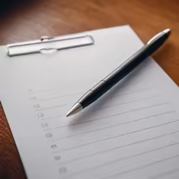 pen on clipboard next to white note pad