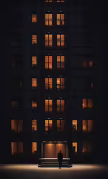 a person sitting on a bench near a building at night