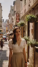 a woman walking down the street in a short dress