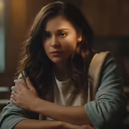 a close up photo of a woman wearing a sweater