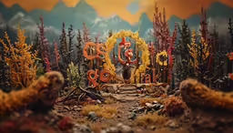 an elaborate scene of an ornate sign surrounded by forest