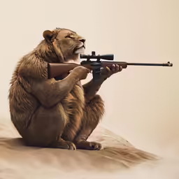 the brown bear is holding his rifle while wearing a furry outfit
