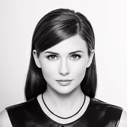 a woman with a black leather top and long necklace