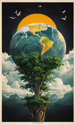 an illustration of the earth in a tree and mountains