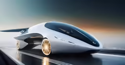 a futuristic car going down the highway in the sky