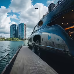 the dock has a large blue boat that is sitting beside the river