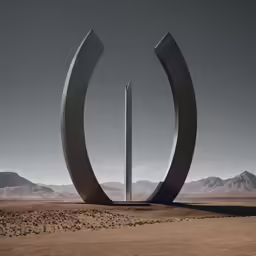 a monument in the desert surrounded by mountains