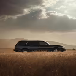 a black jeep in tall brown grass with hills in the background