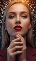 a beautiful blond woman in a red jacket standing with her hand near her face