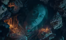 a man with his head down in the darkness surrounded by lava