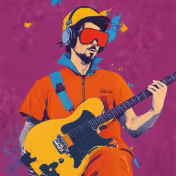 a painting with headphones on holding an electric guitar,this is a digital painting of a man playing the guitar