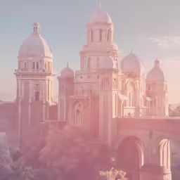 an image of some church towers in the background