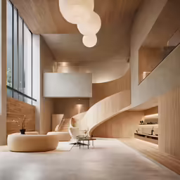 a large open living area with a spiral staircase