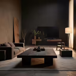 a living room with couches, tables and two lamps
