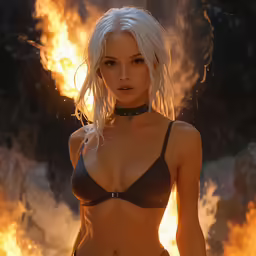 a girl in a bra with flames surrounding her
