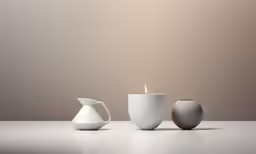 a close up of two cups on a table with a light
