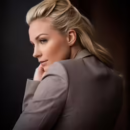 a woman with blonde hair in a brown suit