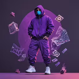 a person wearing purple clothing and mask poses,a purple hooded jacket and purple sweat suit with blue face mask