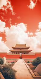 a red sky and white clouds above a temple