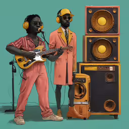 a painting of two people holding instruments standing next to an old stereo,two men are wearing headphones and one has a guitar